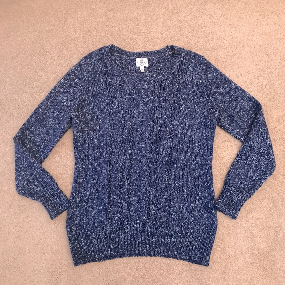 St Johns Bay Cable Knit Sweater Size XL Blue White Pullover Crewneck Coastal